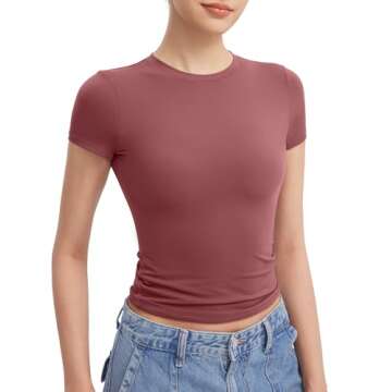 PUMIEY Crop Tops for Women Crew Neck Short Sleeve T Shirts Summer Y2K Going Out Top, Marsala Medium