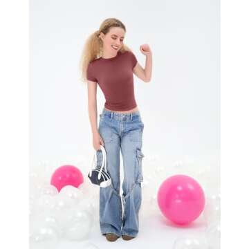 PUMIEY Crop Tops for Women Crew Neck Short Sleeve T Shirts Summer Y2K Going Out Top, Marsala Medium