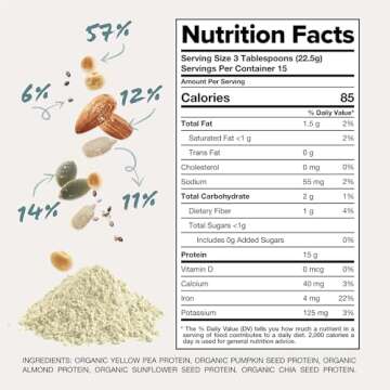 Complement Organic Unflavored Vegan Protein Powder (15 Servings) Low Carb, Low Calorie, Sugar Free, Soy Free, Non-GMO, Gluten Free, Non Dairy- Yellow Pea, Pumpkin Seed- 15g Plant Based Protein Powder