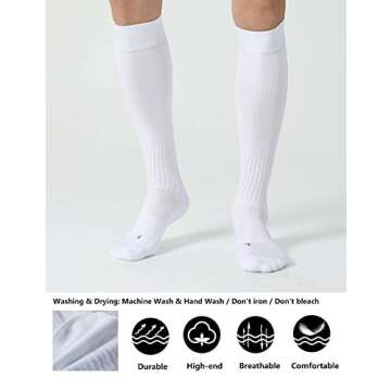CelerSport 2 Pack Soccer Socks for Youth Kids Adult Over-The-Calf Socks with Cushion, White (2 Pack), X-Large