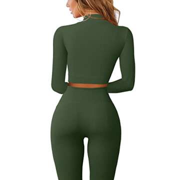 QINSEN Workout Sets for Women 2 Piece Seamless Long Sleeve Crop Tops Ribbed High Waist Leggings (L, Y118 Army Green)
