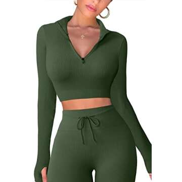 QINSEN Workout Sets for Women 2 Piece Seamless Long Sleeve Crop Tops Ribbed High Waist Leggings (L, Y118 Army Green)