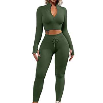 QINSEN Workout Sets for Women 2 Piece Seamless Long Sleeve Crop Tops Ribbed High Waist Leggings (L, Y118 Army Green)