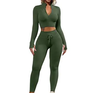 QINSEN Workout Sets for Women 2 Piece Seamless Long Sleeve Crop Tops Ribbed High Waist Leggings (L, Y118 Army Green)
