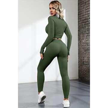 QINSEN Workout Sets for Women 2 Piece Seamless Long Sleeve Crop Tops Ribbed High Waist Leggings (L, Y118 Army Green)