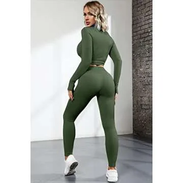 QINSEN Workout Sets for Women 2 Piece Seamless Long Sleeve Crop Tops Ribbed High Waist Leggings (L, Y118 Army Green)
