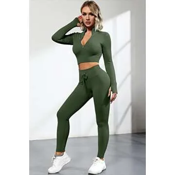 QINSEN Workout Sets for Women 2 Piece Seamless Long Sleeve Crop Tops Ribbed High Waist Leggings (L, Y118 Army Green)