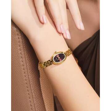FIYTA Golden Bean Series Women's Watch, Oval Case, Adjustable Stainless Steel Bracelet, Wrapped by Stylish Gift Box, Elegant Present Gold Watch for Women