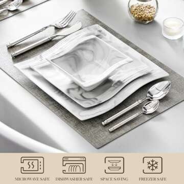 MALACASA Plates and Bowls Sets, 12 Pieces Modern Porcelain Dinnerware Sets for 4, Marble Dishware Set Kitchen Dining Ware Set, Square Ceramic Dish Set, Microwave and Dishwasher Safe, Series Flora