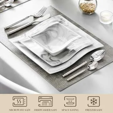 MALACASA Plates and Bowls Sets, 12 Pieces Modern Porcelain Dinnerware Sets for 4, Marble Dishware Set Kitchen Dining Ware Set, Square Ceramic Dish Set, Microwave and Dishwasher Safe, Series Flora