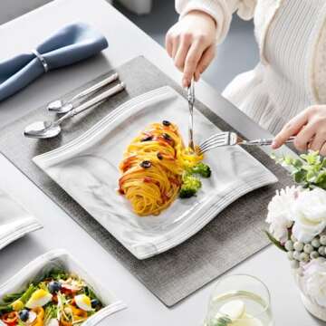 MALACASA Plates and Bowls Sets, 12 Pieces Modern Porcelain Dinnerware Sets for 4, Marble Dishware Set Kitchen Dining Ware Set, Square Ceramic Dish Set, Microwave and Dishwasher Safe, Series Flora