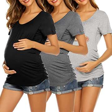 Ekouaer 3 Pack Nursing Tops for Maternity/Breastfeeding/Delivery Shirts Pregnancy Clothes Black+Flec...
