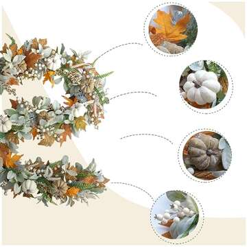 CIR OASES Thanksgiving Fall Wreath, Eucalyptus Berries Pumpkins Lamb Ears Leaves Autumn Wreaths for ...
