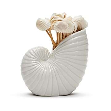 Two's Company Nautilus Shell with 20 Seashell Picks, 3-inch Height, Ceramic, Toothpick Holder