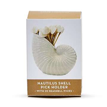 Two's Company Nautilus Shell with 20 Seashell Picks, 3-inch Height, Ceramic, Toothpick Holder