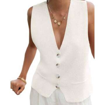 Saodimallsu Womens Sleeveless Sweater Vest Knit V Neck Button Fashion Casual Loose Spring Summer Wai...