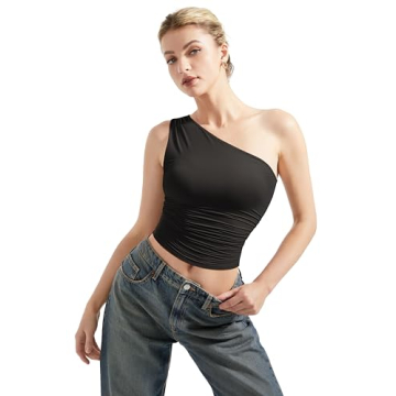 SUUKSESS Women's One Shoulder Ruched Crop Top Fashion