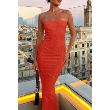 PRETTYGARDEN Women's Summer Long Dress Strapless Sleeveless Bandeau Tube Top Bodycon Maxi Dress (Ora...