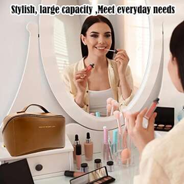SLIFOUE Large Capacity Travel Cosmetic Bag,Makeup Bag,Waterproof Portable PU Leather Makeup Organizer Bag with Dividers and Handle (Brown)