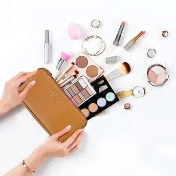 SLIFOUE Large Capacity Travel Cosmetic Bag,Makeup Bag,Waterproof Portable PU Leather Makeup Organizer Bag with Dividers and Handle (Brown)