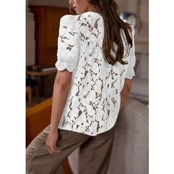 PRETTYGARDEN Women's Summer Lace Tops - Short Puff Sleeve Casual Blouse