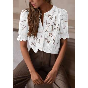 PRETTYGARDEN Womens Summer Lace Tops Short Puff Sleeve Casual Dressy Blouses Eyelet Crew Neck Button Down Shirts (White,Large)