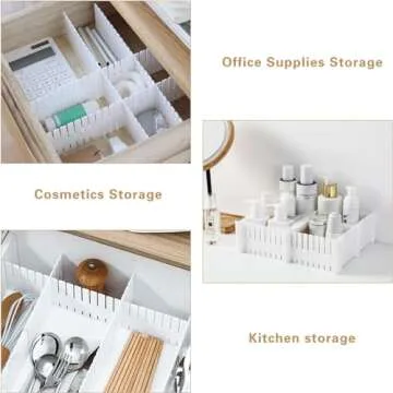 Bofoho Drawer Divider Adjustable Diy Storage Organizer Separator for Tidying Clutter Cutlery Underwear Socks Clothes Dresses Desk & Box in Kitchen Bathroom Bedroom Office (Cut at Will) (White 16pcs)