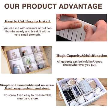 Bofoho Drawer Divider Adjustable Diy Storage Organizer Separator for Tidying Clutter Cutlery Underwear Socks Clothes Dresses Desk & Box in Kitchen Bathroom Bedroom Office (Cut at Will) (White 16pcs)