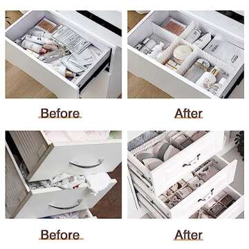 Bofoho Drawer Divider Adjustable Diy Storage Organizer Separator for Tidying Clutter Cutlery Underwear Socks Clothes Dresses Desk & Box in Kitchen Bathroom Bedroom Office (Cut at Will) (White 16pcs)