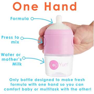 PopYum 5 oz Pink Anti-Colic Formula Making/Mixing/Dispenser Baby Bottles, 2-Pack with #1 Slow Flow N...