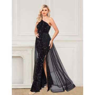 One Shoulder Sequin Prom Dresses Long for Women 2025 Mermaid Ball Gown Tulle Formal Evening Gowns Size 8, Royal Blue