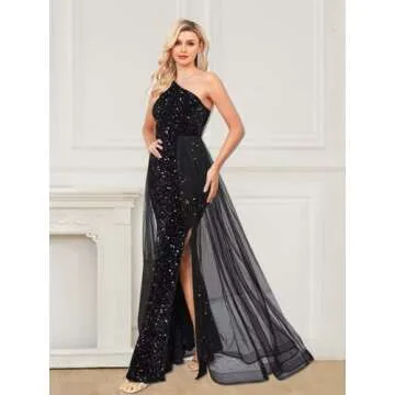 One Shoulder Sequin Prom Dresses Long for Women 2025 Mermaid Ball Gown Tulle Formal Evening Gowns Size 8, Royal Blue