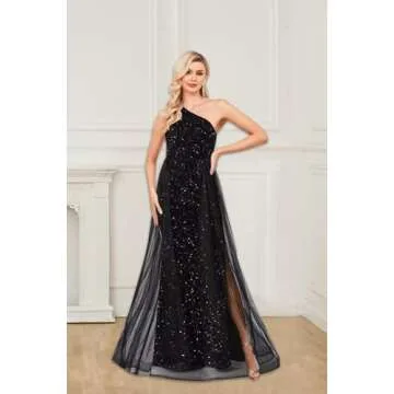 One Shoulder Sequin Prom Dresses Long for Women 2025 Mermaid Ball Gown Tulle Formal Evening Gowns Size 8, Royal Blue