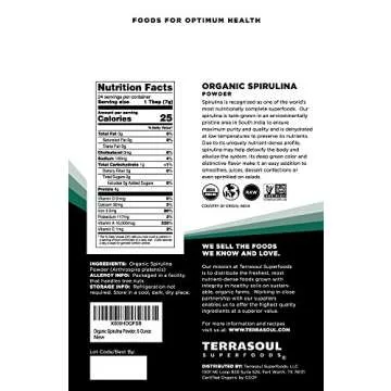 Terrasoul Superfoods Organic Spirulina Powder, 6 Oz, Vegan Protein, Green Superfood Boost for Smooth...