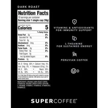 KITU SUPER COFFEE Pods, Energy & Immunity (2x Caffeine, Vitamins, Antioxidants) [Dark Roast] 32 Coun...
