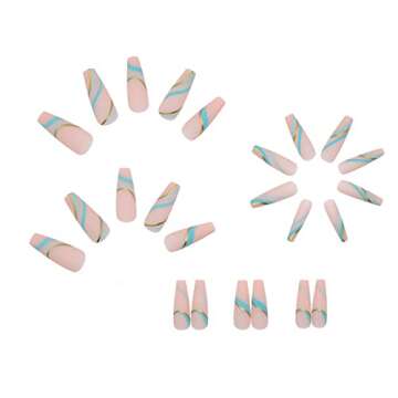 YoYoee Long Press on Nails Swirl False Nails With Designs Coffin Fake Nails Tips for Women and Girls 24Pcs