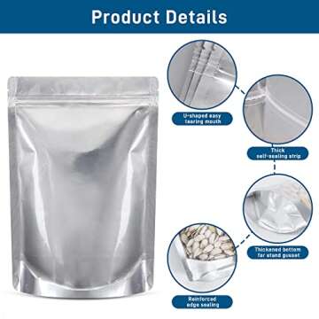 Saviki 50 Packs Mylar Bags for Food Storage with Clear Window,1 QUART(9.44 Mil, 7"x 10") Reusable Mylar Bags with 400CC Oxygen Absorber for Grains, Wheat, Rice, Legumes, Meat Long Term Food Storage