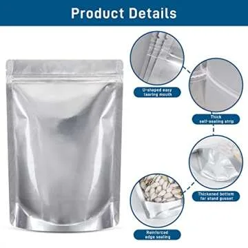 Saviki 50 Packs Mylar Bags for Food Storage with Clear Window,1 QUART(9.44 Mil, 7"x 10") Reusable Mylar Bags with 400CC Oxygen Absorber for Grains, Wheat, Rice, Legumes, Meat Long Term Food Storage