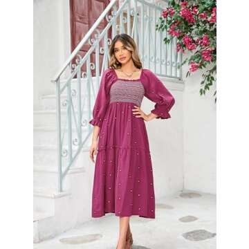 R.Vivimos Women's Long Sleeve Cotton Boho Midi Dress Vintage Square Neck Floral Embroidered Tiered Ruffle Flowy Pockets Dress (Large, Fuchsia)