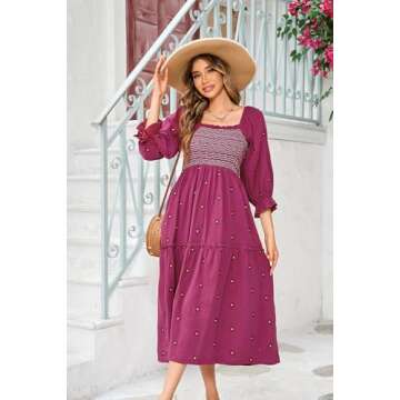 R.Vivimos Women's Long Sleeve Cotton Boho Midi Dress Vintage Square Neck Floral Embroidered Tiered Ruffle Flowy Pockets Dress (Large, Fuchsia)