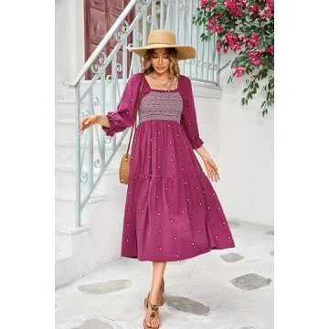 R.Vivimos Women's Long Sleeve Cotton Boho Midi Dress Vintage Square Neck Floral Embroidered Tiered Ruffle Flowy Pockets Dress (Large, Fuchsia)