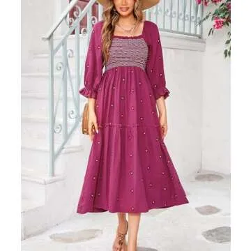 R.Vivimos Women's Long Sleeve Cotton Boho Midi Dress Vintage Square Neck Floral Embroidered Tiered Ruffle Flowy Pockets Dress (Large, Fuchsia)