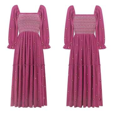 R.Vivimos Women's Long Sleeve Cotton Boho Midi Dress Vintage Square Neck Floral Embroidered Tiered Ruffle Flowy Pockets Dress (Large, Fuchsia)