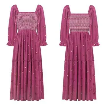 R.Vivimos Women's Long Sleeve Cotton Boho Midi Dress Vintage Square Neck Floral Embroidered Tiered Ruffle Flowy Pockets Dress (Large, Fuchsia)