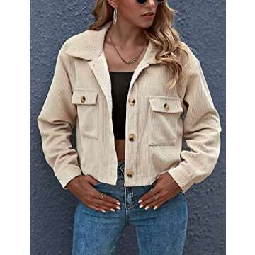 Gihuo Women's Fashion Cropped Shacket Button Down Corduroy Shacket Jackets Casual Plaid Long Sleeve ...