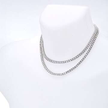 Hip Hop Iced Bling Silver Plated CZ Stoned 4 mm 2 Combo Set 16" + 18" Tennis Chain Choker Necklace Lab Diamond Rapper
