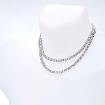 Hip Hop Iced Bling Silver Plated CZ Stoned 4 mm 2 Combo Set 16" + 18" Tennis Chain Choker Necklace Lab Diamond Rapper