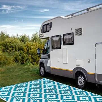 FH Home Outdoor Camping Rug - Waterproof, Fade Resistant, Reversible - Premium Recycled Plastic - Geometric - Large Patio, Deck, Sunroom, RV - Aztec - Teal & White - 9 x 12 ft Foldable