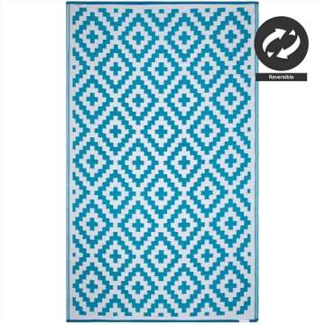 FH Home Outdoor Camping Rug - Waterproof, Fade Resistant, Reversible - Premium Recycled Plastic - Geometric - Large Patio, Deck, Sunroom, RV - Aztec - Teal & White - 9 x 12 ft Foldable