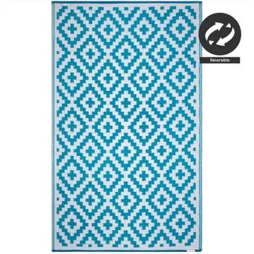 FH Home Outdoor Camping Rug - Waterproof, Fade Resistant, Reversible - Premium Recycled Plastic - Geometric - Large Patio, Deck, Sunroom, RV - Aztec - Teal & White - 9 x 12 ft Foldable